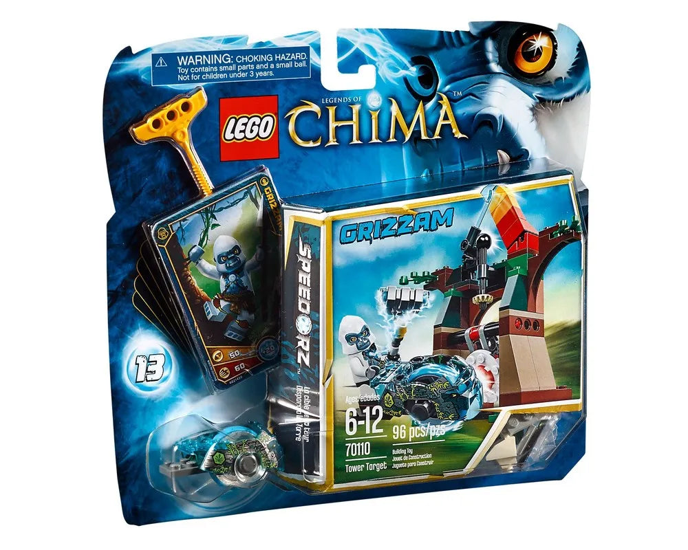 LEGO Legends of Chima 70110 Tower Target set in packaging. Features Grizzam minifigure, Speedor vehicle, cards, and tower build.