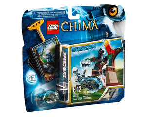 LEGO Legends of Chima 70110 Tower Target set in packaging. Features Grizzam minifigure, Speedor vehicle, cards, and tower build.