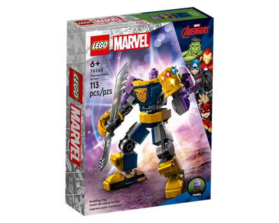 LEGO Marvel 76242 Thanos Mech Armor set box with the built mech holding a sword and Thanos minifigure.