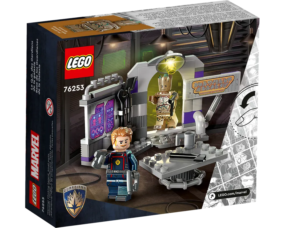 LEGO Marvel 76253 Guardians of the Galaxy Headquarters box displaying Star-Lord and Groot minifigures in their base.