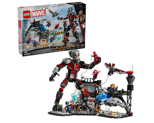 LEGO Marvel 76314 Captain America: Civil War Battle set box and assembled scene with Giant-Man and minifigures.
