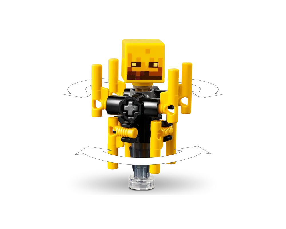 LEGO Minecraft yellow and black Blazefigure with spinning yellow flame elements, shown with white arrows on a white background.