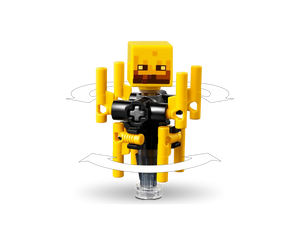 LEGO Minecraft yellow and black Blazefigure with spinning yellow flame elements, shown with white arrows on a white background.