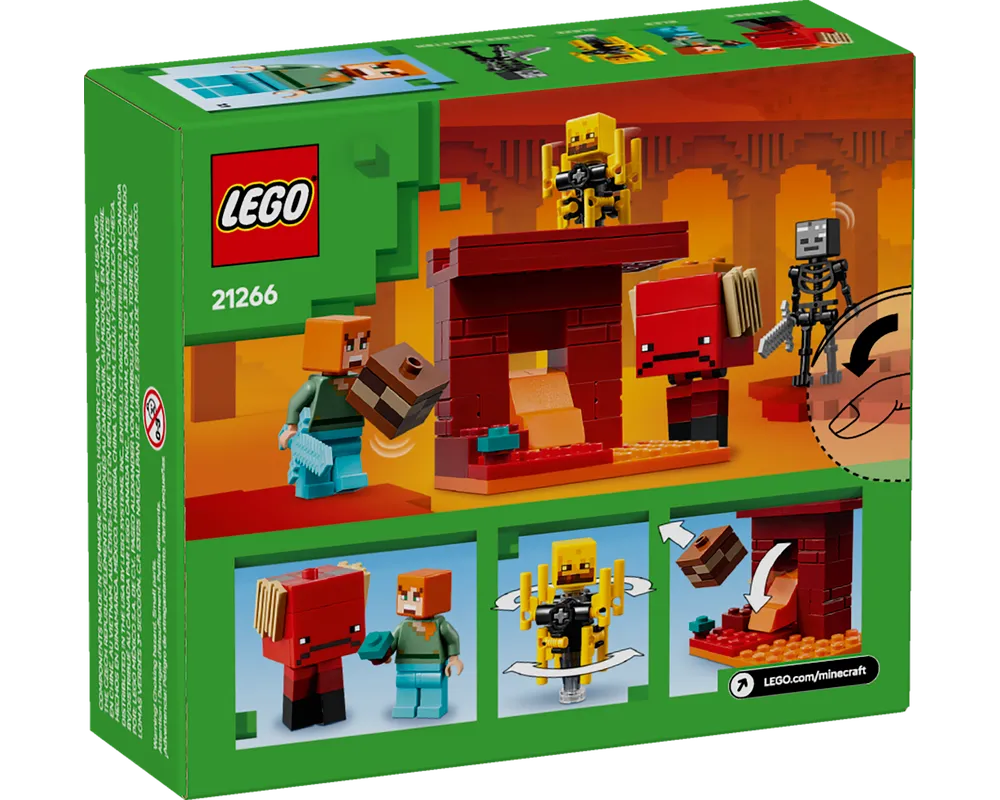 Back of LEGO Minecraft 21266 box showing Alex, Strider, Blaze, and Skeleton figures in a Nether lava battle scene with play features.