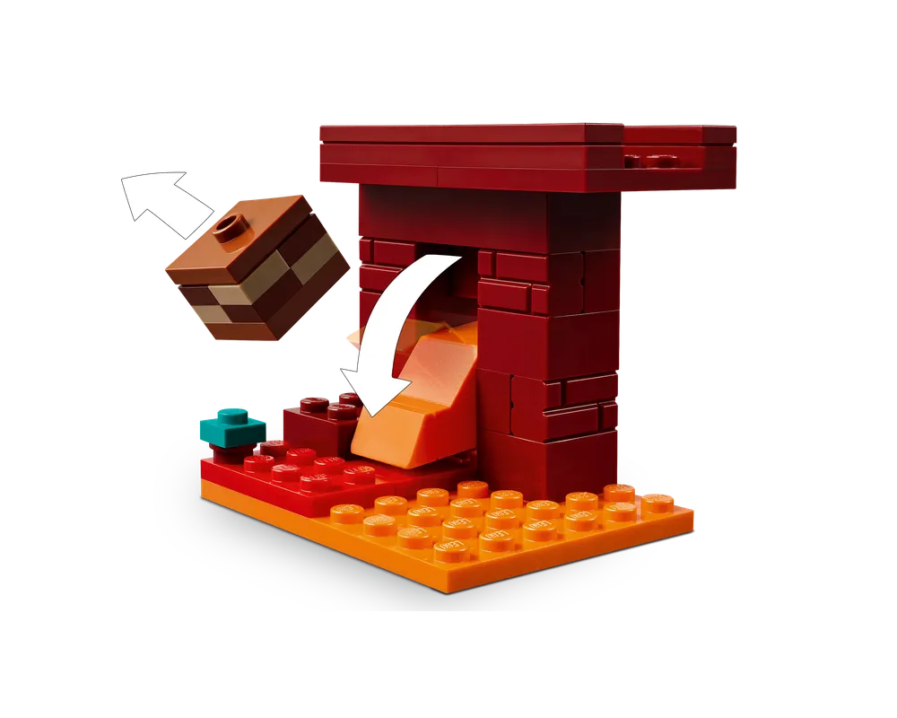 LEGO Minecraft Nether build: red structure over orange lava-like base. A brown and tan cake block falls into the structure.