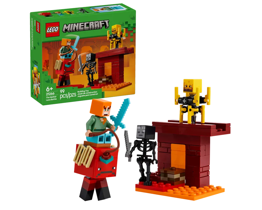 LEGO Minecraft 21266 The Nether Lava Battle set with Alex on a Strider, Wither Skeleton, Blaze, and a lava structure.