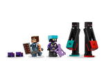 LEGO Minecraft The Enderman Tower set featuring a Steve-like figure, a purple armored figure, and two Endermen holding blocks.