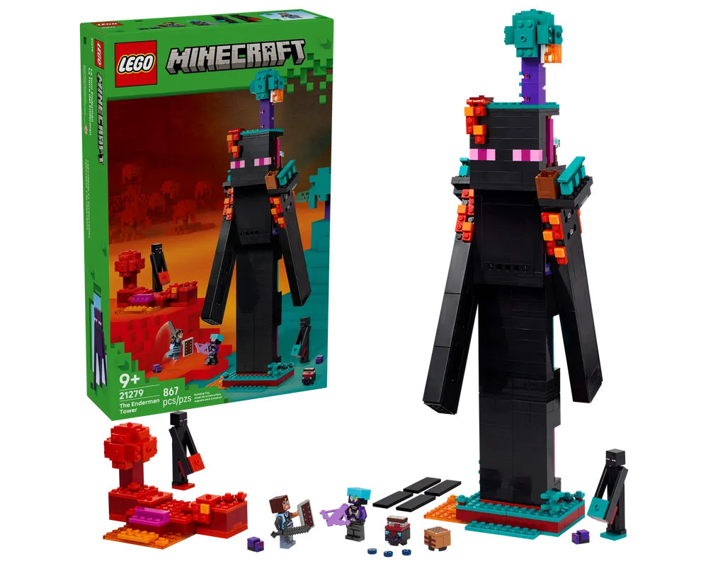LEGO Minecraft 21279 The Enderman Tower set: green box and built model with a large black tower, minifigures, and smaller builds.