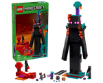 LEGO Minecraft 21279 The Enderman Tower set: green box and built model with a large black tower, minifigures, and smaller builds.