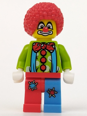 LEGO Circus Clown Minifigure with red curly hair, clown makeup, green shirt with bow tie and suspenders, and mismatched red and blue pants with patches.