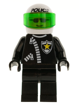 LEGO Minifigure cop038 - Politie - Rits met Sheriffsster, Witte Helm met Politiepatroon, Transparant-Groene Vizier
