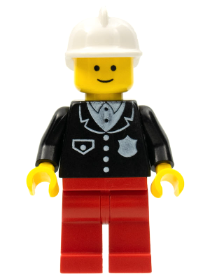 LEGO Minifigure cop052 - Politie - Pak met 4 knopen, rode benen, witte brandweerhelm