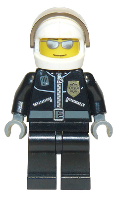 LEGO police minifigure with black leather jacket, gold badge, white helmet, trans-brown visor, and silver sunglasses.