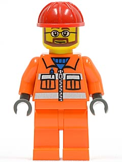 LEGO Minifigure cty0032 - Bouwvakker - Oranje rits, Veiligheidsstrepen, Baard en bril