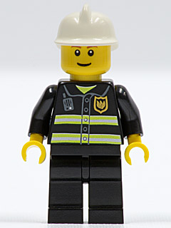LEGO Minifigure cty0090b - Fire - Reflective Stripes, Black Legs, White Fire Helmet, Reddish Brown Eyebrows, Thin Grin, Yellow Hands