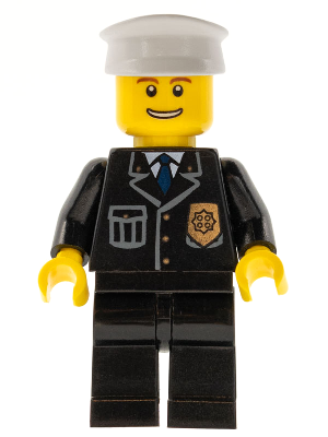 LEGO Minifigure cty0098 - Politie - City Pak met Blauwe Stropdas en Badge, Zwarte Benen, Dunne Grijns met Tanden, Witte Hoed