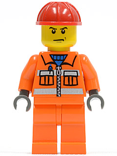 LEGO cty0137 Construction Worker minifigure with orange uniform, safety stripes, red helmet, and a scowling face.