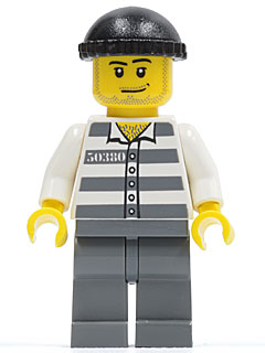 LEGO Minifigure cty0200 - Police - Jail Prisoner 50380 Prison Stripes, Dark Bluish Gray Legs, Black Knit Cap, Smirk and Stubble Beard