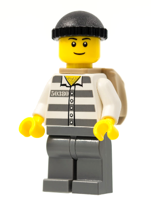 LEGO Minifiguur cty0222a - Politie - Gevangenisgevangene 50380 Gestreepte gevangenisoutfit, Dunne grijns, Rugzak