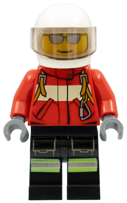 LEGO Minifigure cty0349: Male pilot in red fire suit with carabiner, white helmet, sunglasses, black legs with reflective stripes.