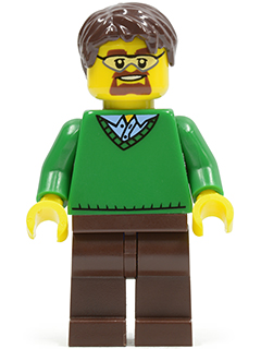 LEGO cty0352 minifigure: green v-neck sweater, brown legs, brown tousled hair, yellow head with glasses and goatee.