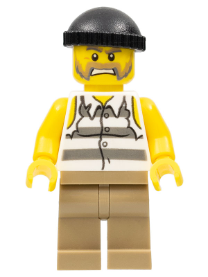 LEGO Minifigure cty0479, a prisoner with striped, torn shirt, dark tan legs, black knit cap, and angry face with beard.