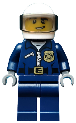 LEGO Minifigure cty0484 Police City Motorcycle Officer with blue uniform, white helmet, clear visor, lopsided grin, badge.