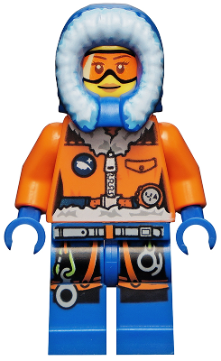 LEGO Minifigure cty0491 Arctic Explorer, Female, in orange jacket with blue fur hood, goggles, and climbing gear.