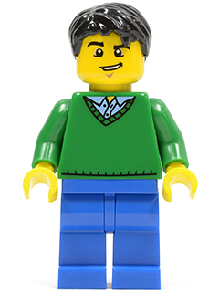LEGO Minifigure cty0503 - Green V-Neck Sweater, Blue Legs, Black Short Tousled Hair, Lopsided Grin