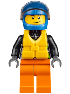 LEGO Minifigure cty0542 - Xtreme Powerboat Driver, Male, Brown Dimple, Black Racing Jacket, Orange Legs, Blue Standard Helmet, Yellow Life Jacket