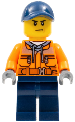 LEGO Minifigure cty0641 - Construction Worker - Male, Orange Safety Jacket, Reflective Stripe, Sand Blue Hoodie, Dark Blue Legs, Dark Blue Cap with Hole, Scowl
