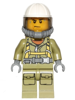 LEGO Minifigure cty0682 - Volcano Explorer - Male Worker, Suit with Harness, Construction Helmet, Breathing Neck Gear with Yellow Air Tanks, Trans-Brown Visor, Sweat Drops