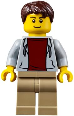 LEGO Minifigure cty0707 - Light Bluish Gray Hoodie with Dark Red Shirt, Dark Tan Legs, Dark Brown Tousled Hair, Thin Grin