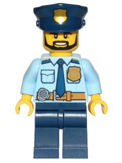 LEGO Minifigure cty0708 - Politie - City Shirt met Donkerblauwe Stropdas en Gouden Badge, Donkerbruine Riem met Radio, Donkerblauwe Benen, Politiepet met Gouden Badge, Hoofd Baard Zwart Hoekig