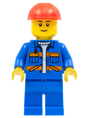 LEGO Minifigure cty0889 - Blue Jacket with Diagonal Lower Pockets and Orange Stripes, Blue Legs, Red Construction Helmet