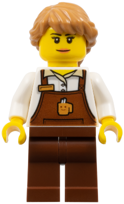 LEGO Minifigure cty1049 - Barista - Female, Reddish Brown Apron with Cup and Name Tag, Reddish Brown Legs, Medium Nougat Hair