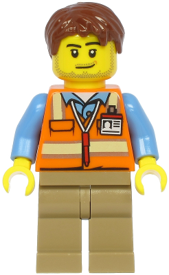 LEGO Minifigure cty1187 - Air Traffic Controller - Male, Reddish Brown Hair, Orange Safety Vest, Dark Tan Legs