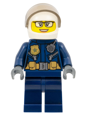 LEGO Minifigure cty1363 - Police - City Motorcyclist Female, Leather Jacket with Gold Badge and Utility Belt, White Helmet, Trans-Brown Visor, Glasses, and Open Mouth Smile
