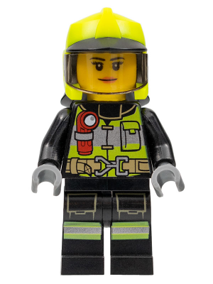 LEGO Minifigure cty1371 - Fire - Female, Reflective Stripes with Utility Belt and Flashlight, Neon Yellow Fire Helmet, Trans-Brown Visor