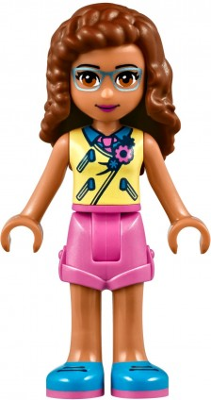 LEGO Minifigure frnd241 - Friends Olivia (Nougat) - Bright Light Yellow Vest over Dark Azure Shirt and Dark Pink Tie, Dark Pink Shorts