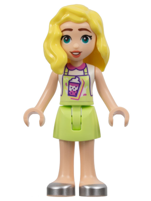 LEGO Friends Matilde minifigure wearing a bubble tea uniform apron over a white top, a yellowish-green skirt, and silver shoes.