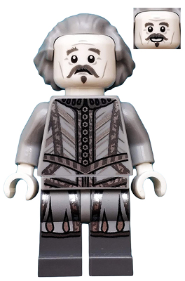 LEGO minifigure of Nearly Headless Nick with light grey wig, white face, mustache, grey ghost-like torso, and printed legs.