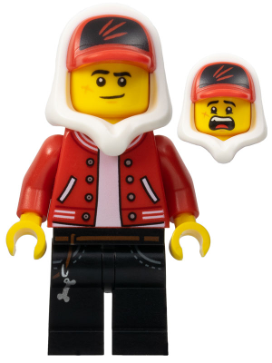 LEGO Minifigure hs018 - Jack Davids - Rode Jas met Cap en Capuchon (Scheve Glimlach / Bang)