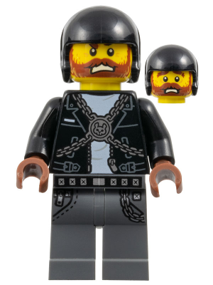 LEGO Minifigure hs025 Dwayne, black helmet, brown beard, black jacket with chains and skull, gray pants, and two facial expressions.