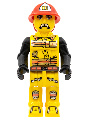 Yellow LEGO Minifigure fireman with red helmet #01, black arms, and a printed yellow uniform with orange stripes and a mustache.