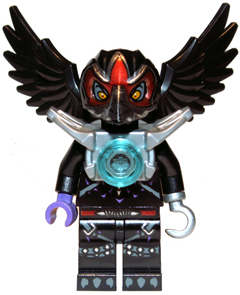LEGO Minifigure Razar (loc001) with black bird head, large black wings, flat silver armor, blue chest orb, purple hand, and silver hook.