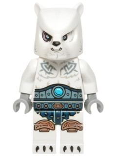 LEGO Minifigure loc119 Ice Bear Warrior 1, a white minifigure with bear head, blue armor details, and mismatched eyes.