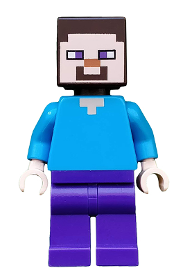 LEGO Minifigure Steve with light nougat head, blue shirt, and dark purple legs, standing front view on white background.