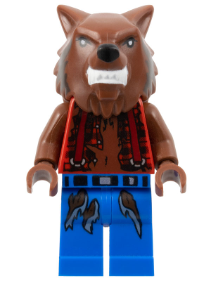 LEGO Minifigure mof003 Werewolf: brown, angry expression, white fangs, torn red plaid shirt with suspenders, ripped blue jeans.