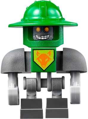 LEGO Minifigure nex103 Aaron Bot with dark bluish gray shoulders, green helmet, green chest with fox emblem, and gray robotic legs.